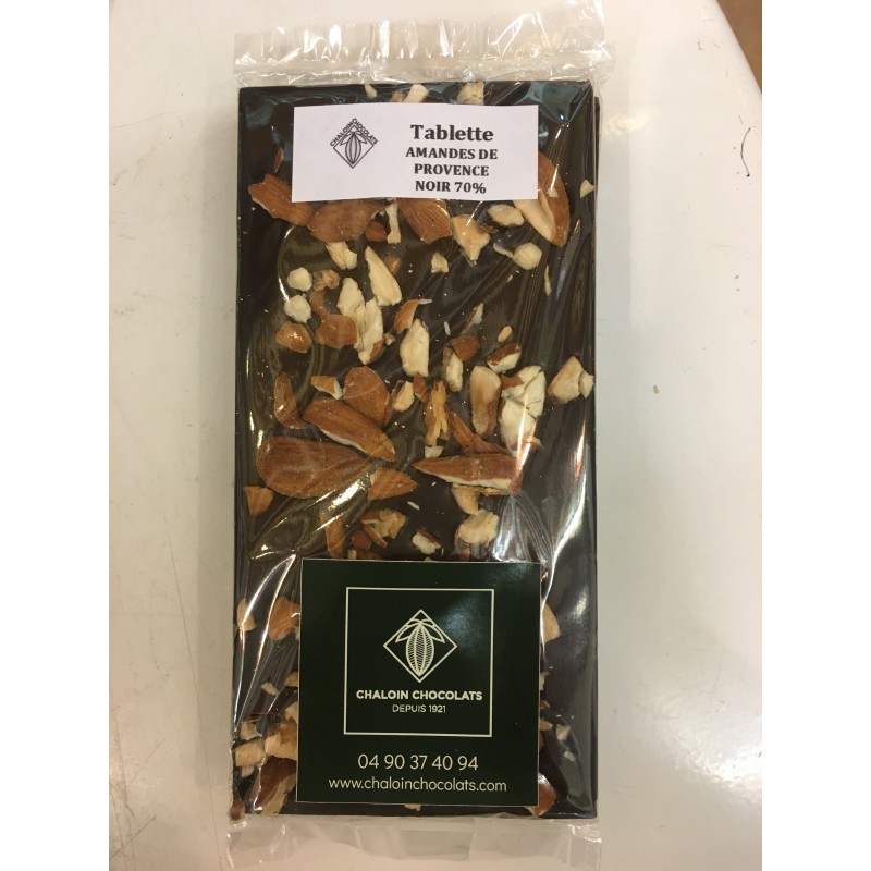 Tablette chocolat noir 70%, amandes de Provence - 100 gr